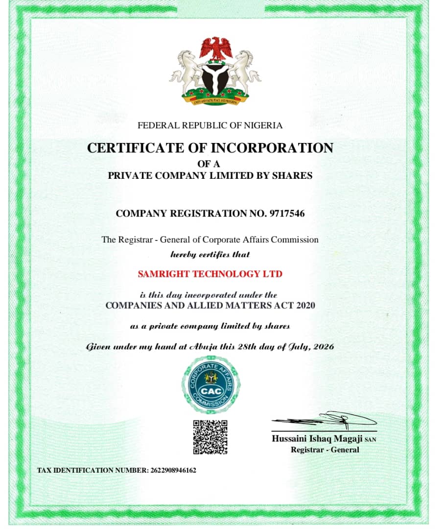 Certificate of Incorporation for Samright Technology Ltd issued by the Corporate Affairs Commission
